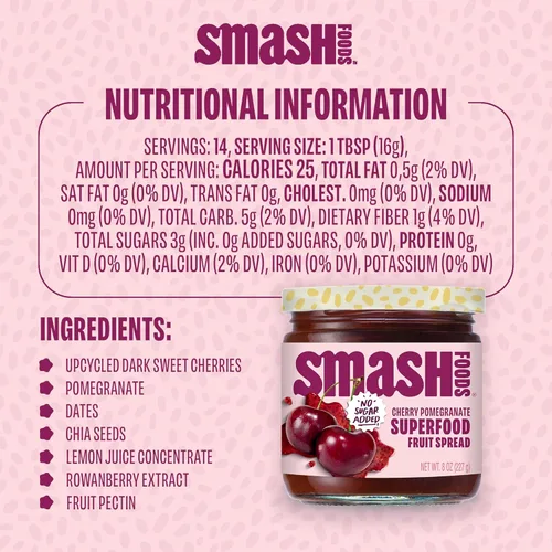 Miniatura 6 de Smash Foods Mermelada de Cereza y Granada Mermelada Keto Baja en Calorías, Sin Azúcar Añadida con Fruta Reutilizada y Semillas de Chía Untable