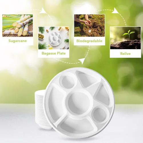Miniatura 4 de three leaf - Platos de bagazo redondos de 7 compartimentos, 50 unidades. Platos desechables de bagazo ecológicos 100% biodegradables de alta 7 Comp.