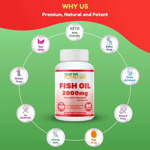 Miniatura 5 de Aceite de pescado Halal Omega 3 de 2000 mg - 60 porciones, 120 cápsulas blandas. Atrapado en la naturaleza, purificado, apto para dieta cetogénica