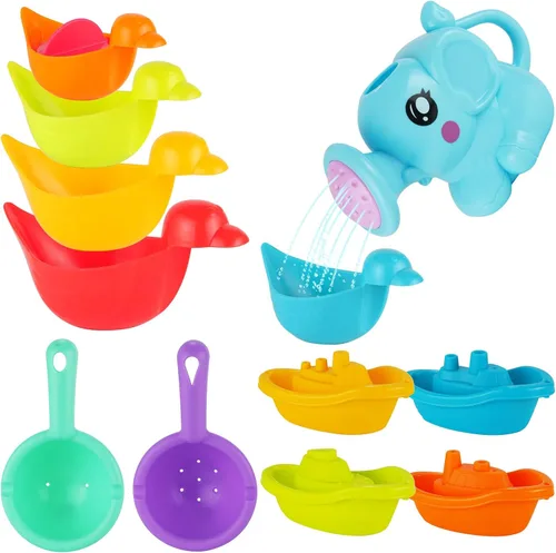 Juguetes de baño para bebés para niños, 12 juguetes de baño sin moho para niños pequeños con botes flotantes, regadera, patos flotantes y cucharas