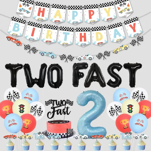 Decoraciones vintage de cumpleaños con dos decoraciones de cumpleaños rápidas, decoraciones retro de cumpleaños de coche de carreras para niños,