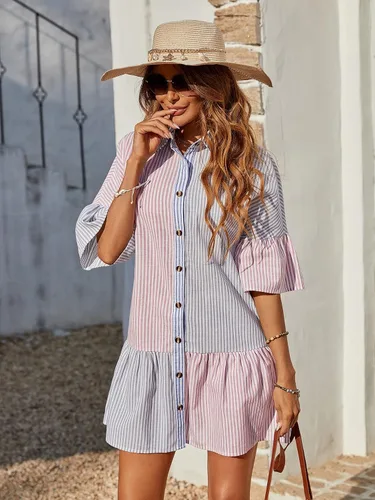 Miniatura 4 de WDIRARA Vestido corto a rayas con dobladillo de media manga y volantes para mujer
