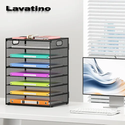 Miniatura 4 de Lavatino - Juego de 2 organizadores de escritorio de 8 niveles para oficina, organizador de papel con bandeja de cartas y asa, incluye 5 bandejas