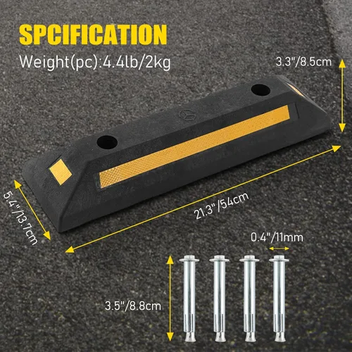 Miniatura 2 de ATPEAM Tope de goma para suelo de vehículo, paquete de 2 bloques de estacionamiento negros con rayas reflectantes amarillas para automóvil, camión