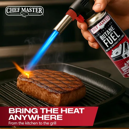 Miniatura 8 de Chef Master 90022 - Encendedor de butano con 4 botes de estaño de combustible de butano, antorcha de cocina recargable y antorcha de cocina