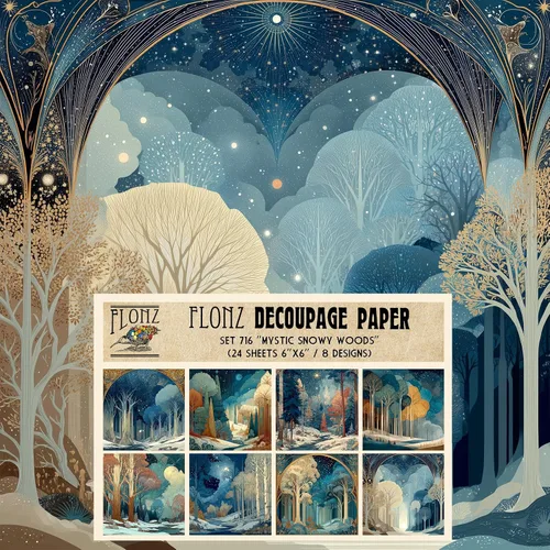 Decoupage - Paquete de papel (24 hojas de 6 x 6 pulgadas), místico bosque nevado ~ árboles estilizados en colores profundos de invierno, cielos