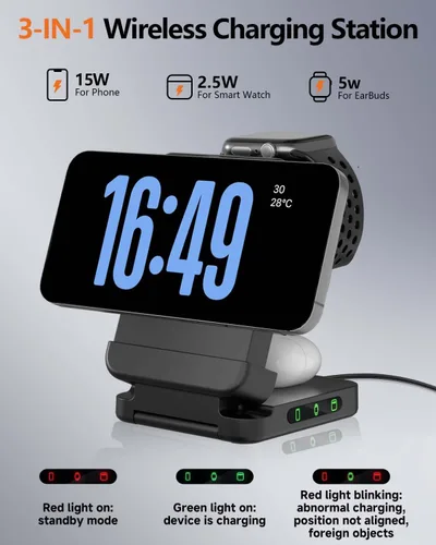 Miniatura 2 de Estación de carga inalámbrica plegable 3 en 1, soporte de cargador magnético Qi2 de 15 W para iPhone, Samsung, Apple Watch, Galaxy Watch, AirPods