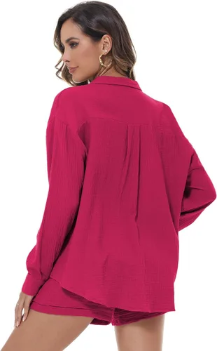 Miniatura 4 de ELLENWELL Conjunto de 2 piezas para mujer, chándal de manga larga con botones y pantalones cortos
