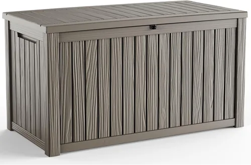 Miniatura 11 de Caja de cubierta para exteriores de 120 galones, cajas de almacenamiento impermeables con cerradura para herramientas de jardín, cojines de Gris