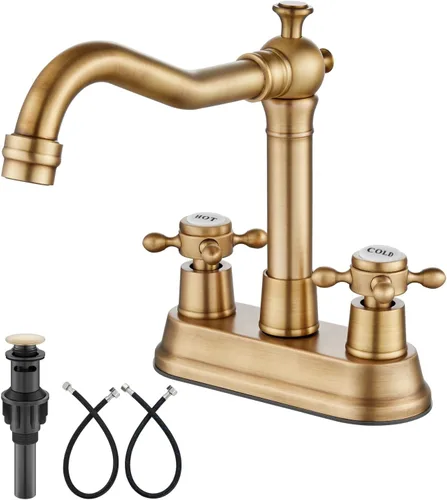 Aolemi Juego central de 4 pulgadas, grifo vintage para lavabo de baño, 2 manijas cruzadas, lavabo para lavabo, 3 agujeros, incluye mangueras, grifo