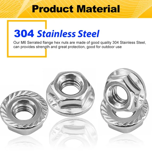 Miniatura 4 de Paquete de 55 tuercas hexagonales de brida dentada M6, tuercas de brida hexagonales M6-1mm, acero inoxidable 304, sujetadores de tuercas métricas