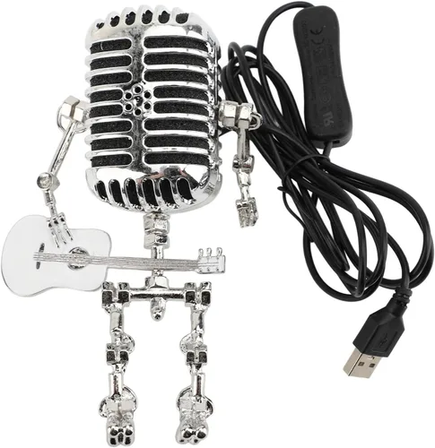 ZJchao Lámpara de mesa vintage con micrófono y guitarra, luz nocturna de metal de aluminio retro para dormitorio, escritorio y decoración del hogar,