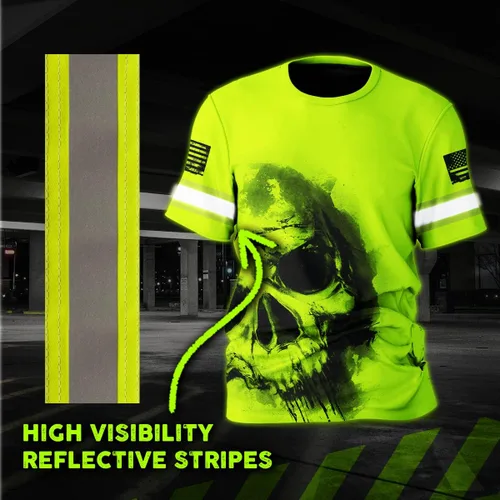 Miniatura 4 de Camisa de Alta Visibilidad con Cráneo para Hombre, Camisas Reflectantes de Seguridad con Bandera de EE. UU., Nombre Personalizado para Ropa