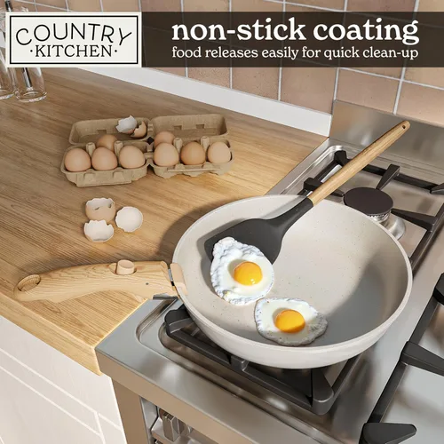 Miniatura 4 de Country Kitchen Juego de utensilios de cocina con mango extraíble, juego de ollas y sartenes aptas para horno y caravana, mango de madera moteada