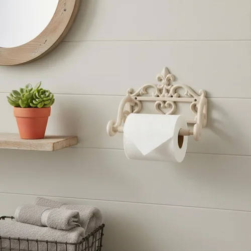 Miniatura 4 de Comfy Hour Soporte decorativo de papel higiénico de hierro fundido, organizador de rollos de papel victoriano blanco montado en la pared, acento