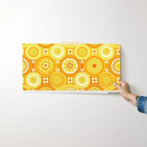 Miniatura 7 de Papel tapiz para despegar y pegar, azulejos circulares, flores amarillas, retro, naranja, geométrico, de los años 70, 60, vintage, extraíble, por
