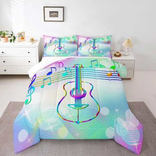 Miniatura 8 de Juego de ropa de cama con música de piano, tamaño matrimonial, juego de edredón de notas musicales en blanco y negro, 3 piezas, silueta de Multi 10