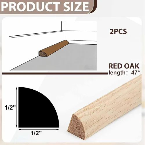 Miniatura 2 de DoubleFill Paquete de 2 Molduras de Cuarto Redondo de Roble Rojo 47'' × 1/2" × 1/2" Madera Dura Maciza Sin Acabar para Pisos, Zócalos, Gabinetes