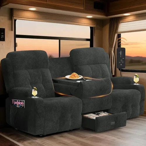 Miniatura 21 de Sofá Reclinable Loveseat para RV, Sofá Reclinable de Masaje de 3 Asientos Abrazador de Pared con USB, Bolsillos Integrados, Portavasos, Sofás Cama