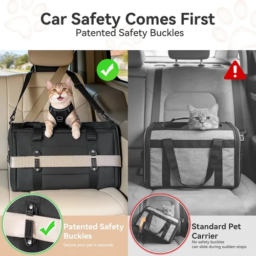 Miniatura 2 de PETSFIT Transportador de gatos de lados suaves con hebillas de seguridad patentadas, cremalleras bloqueables y correa de seguridad, transportador