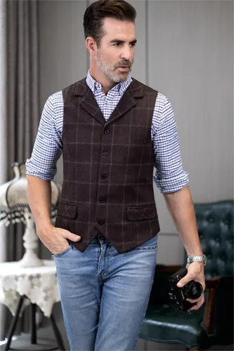 Miniatura 5 de Chaleco de traje a cuadros casual para hombre, chaleco de tweed ajustado para padrinos de boda