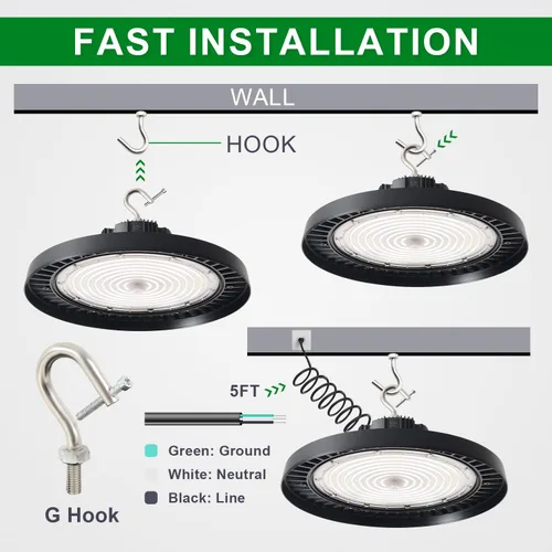 Miniatura 4 de OSTEK 480V 150W UFO LED High Bay Light 21000LM, 5000K 0-10V Dimmable Granero Taller Alta Bahía Iluminación Accesorio ETL DLC Listado US Hook 5' Cable