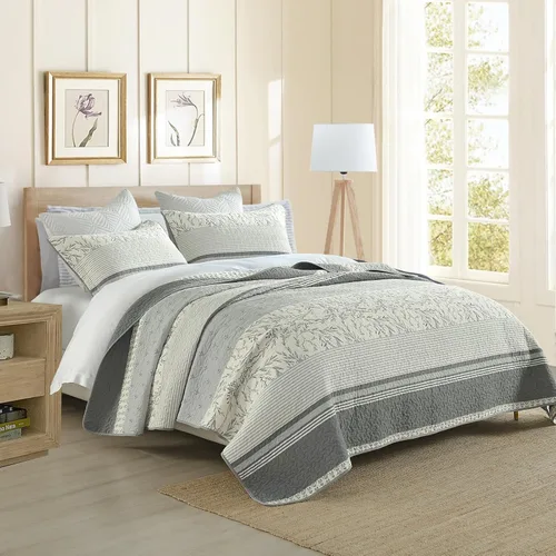 Miniatura 2 de Juego de cama tamaño queen con colcha gris y blanca, diseño floral vintage de granja, fundas a juego, 3 piezas, 100% algodón, colcha ligera