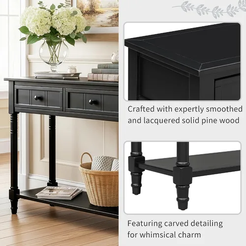 Miniatura 7 de P PURLOVE Mesa de consola Aparador Mesa de sofá de madera con 2 cajones y estante inferior (negro)