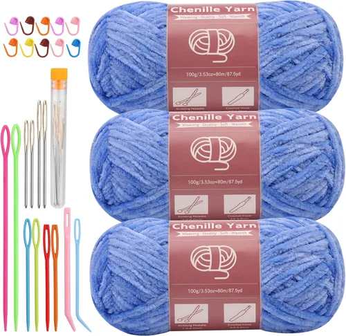 Miniatura 29 de LUNARM Hilado de chenilla para tejer y hacer ganchillo, 3 madejas de 240 metros de hilo grueso, suave y voluminoso, para tejer mantas, ropa y Beige