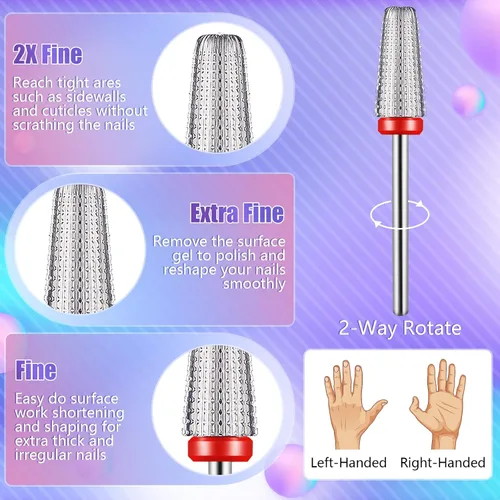 Miniatura 3 de Depvko - Juego de 3 brocas de uñas 5 en 1 para uñas de 3/32 pulgadas, barril cónico y forma de cono de carburo para quitar acrílico o gel Plateado