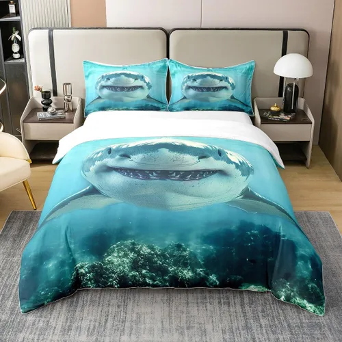 Miniatura 44 de 100% Algodón Natural Acuarela Juego de Ropa de Cama con Diseño Marino para Niños y Niñas, Juego de Cama con Estrella de Mar y Caracol Azul, Juego