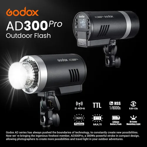 Miniatura 2 de Godox AD300 Pro AD300Pro - Luz estroboscópica para exteriores, 300 W TTL HSS 1/8000s Studio Flash, 320 flash de potencia completa, batería de litio