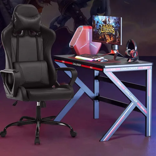 Miniatura 7 de Silla moderna para videojuegos, ergonómica con respaldo alto, silla de oficina de piel sintética con soporte lumbar, color negro