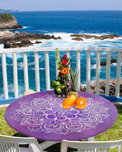 Miniatura 25 de SEVENBABU Mantel redondo de 36 a 44 pulgadas, mantel redondo de vinilo ajustable con borde elástico para fiestas al aire libre, color aguamarina
