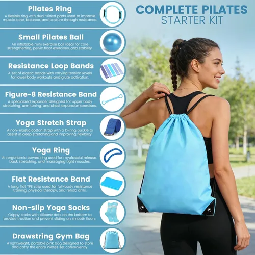 Miniatura 2 de Kit esencial de anillo de pilates para mujer, equipo de entrenamiento en casa con pelota de 9.8 pulgadas, bandas de resistencia, círculo mágico, Azul