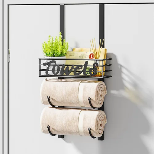 Miniatura 8 de HapiRm Toalleros para almacenamiento de baño, 3 niveles sobre la puerta y montaje en pared, organizador de toallas enrollado con cesta de estante