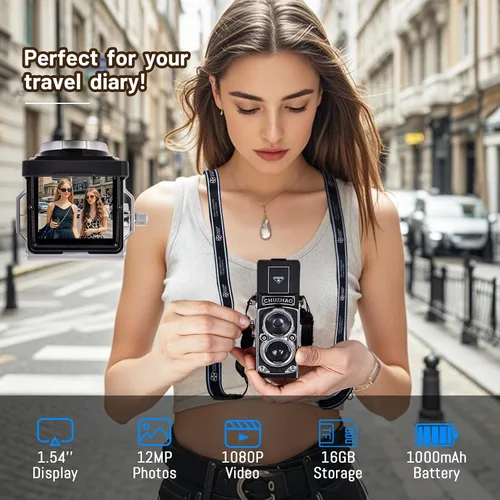 Miniatura 4 de Redcomets Mini cámara digital retro – Estilo vintage TLR apuntar y disparar cámara de vlogging de enfoque automático, compacta y portátil, tarjeta