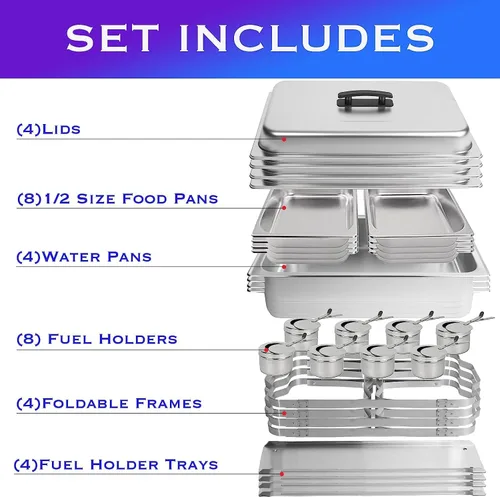 Miniatura 3 de Juego de bufé de platos de roce (paquete de 4) Chafers 8QT buffet servidores y calentadores, servidores de roces con cubiertas, catering, chafer