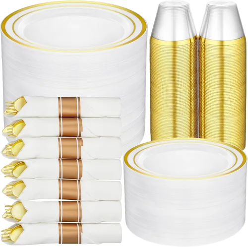 R-kay Juego de vajilla de plástico dorado de 350 piezas para 50 invitados, platos de plástico dorado para fiestas, platos de fiesta y tazas y