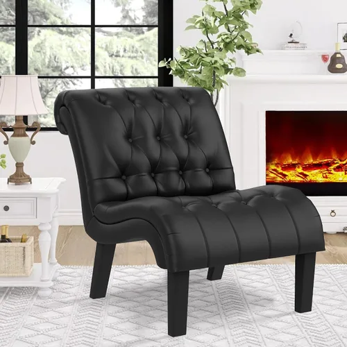 Silla decorativa de piel sintética negra moderna con botones capitoné tapizada sin brazos para dormitorio, sala de estar con patas de madera