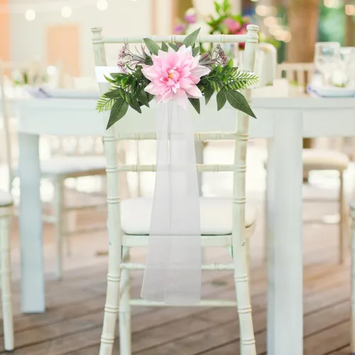 Miniatura 5 de Juego de 6 decoraciones para sillas de pasillo de boda, flores artificiales con cintas, sillas, respaldo de banco, arreglo floral para decoración