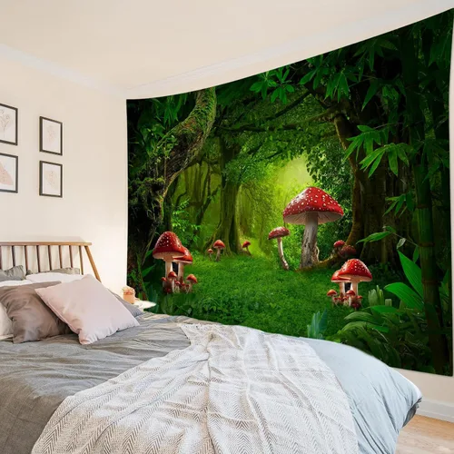 Miniatura 15 de HVEST Tapiz retro rojo de hongos para colgar en la pared, diseño floral rosa con fresa y mariposa en beige, tapiz para dormitorio, flores, plantas