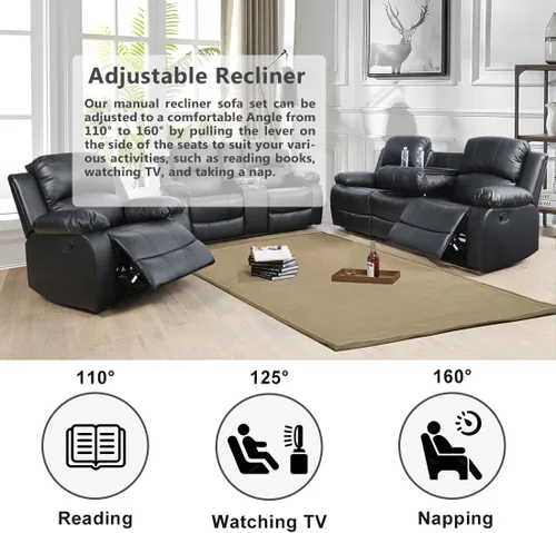 Miniatura 4 de Conjunto de sofá para sala de Estar, sillón reclinable de cuero transpirable, sofá de 3 plazas para cine en casa con portavasos para apartamento
