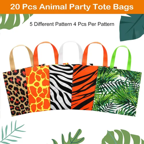 Miniatura 6 de Tallew 20 bolsas de fiesta con estampado de animales, bolsas de golosinas de vida silvestre, safari, selva, bolsa no tejida con diseño de hojas