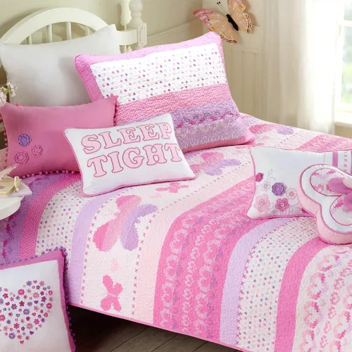 Juego de ropa de cama de algodón de 6 piezas con estampado de corazones, mariposas y lunares, a rayas, rosa, morado, blanco, de algodón, con 3