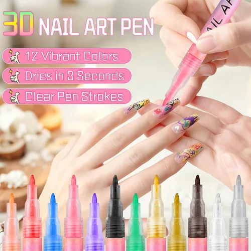 Miniatura 3 de Juego de bolígrafos de arte de uñas de 12 colores, bolígrafos de esmalte de uñas 3D, bolígrafos de arte de uñas para puntear, dibujar, pintura