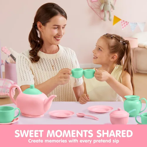 Miniatura 6 de JOYIN Juego de 18 piezas de fiesta de té de simulación, juego de té de plástico, mini cocina para niños, regalos para niños y niñas de 3, 4, 5, 6