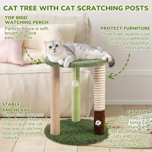 Miniatura 5 de WOOCHPET Torre de árbol para gatos con 3 postes rascadores de 17 pulgadas de alto, postes rascadores de sisal para gatos con divertidos juguetes