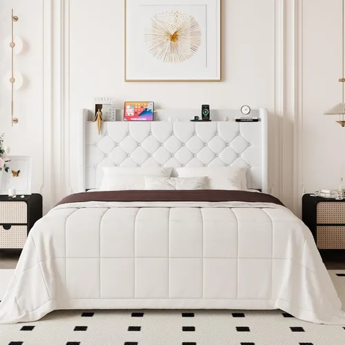 Miniatura 16 de Allewie - Base de cama tamaño King, cabecero con almacenamiento y estación de carga, tapizado en terciopelo, botones cosidos en forma de diamante