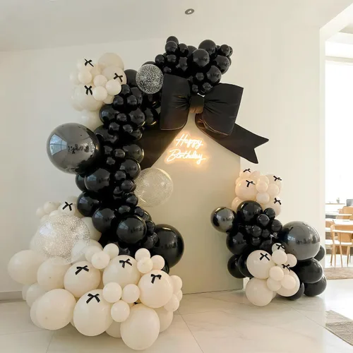 Miniatura 8 de Kit de guirnalda de globos negro, blanco y dorado, 115 piezas de arco de globos beige arena negro crema oro metálico con globos de papel de aluminio